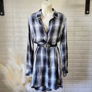 Cloth and Stone 1/2 Button Plaid Tunic Top or Dress size Medium Black Gray White